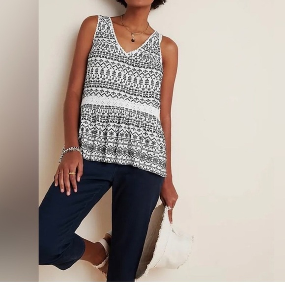 Anthropologie Maeve Embroidered Babydoll Tank Top White Black Size Small - Picture 1 of 13
